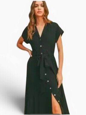 MIOU MUSE Blacm Belted Button Down Midi Dress - Small